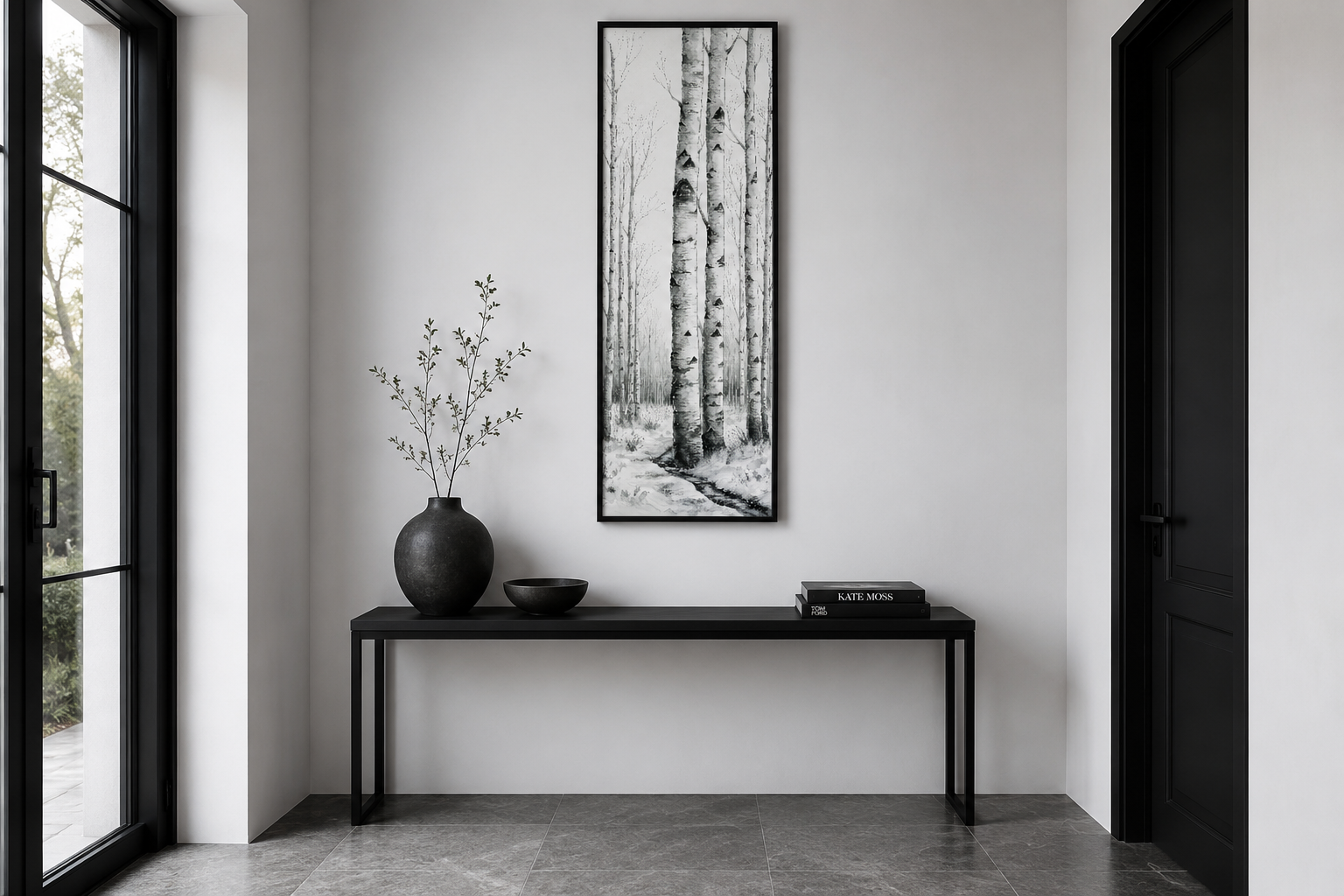 Tall Narrow Birch Trees Black White Vertical Framed Canvas Wall Art