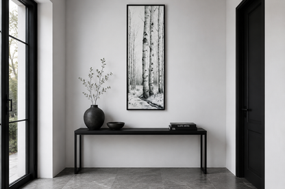 Tall Narrow Birch Trees Black White Vertical Framed Canvas Wall Art