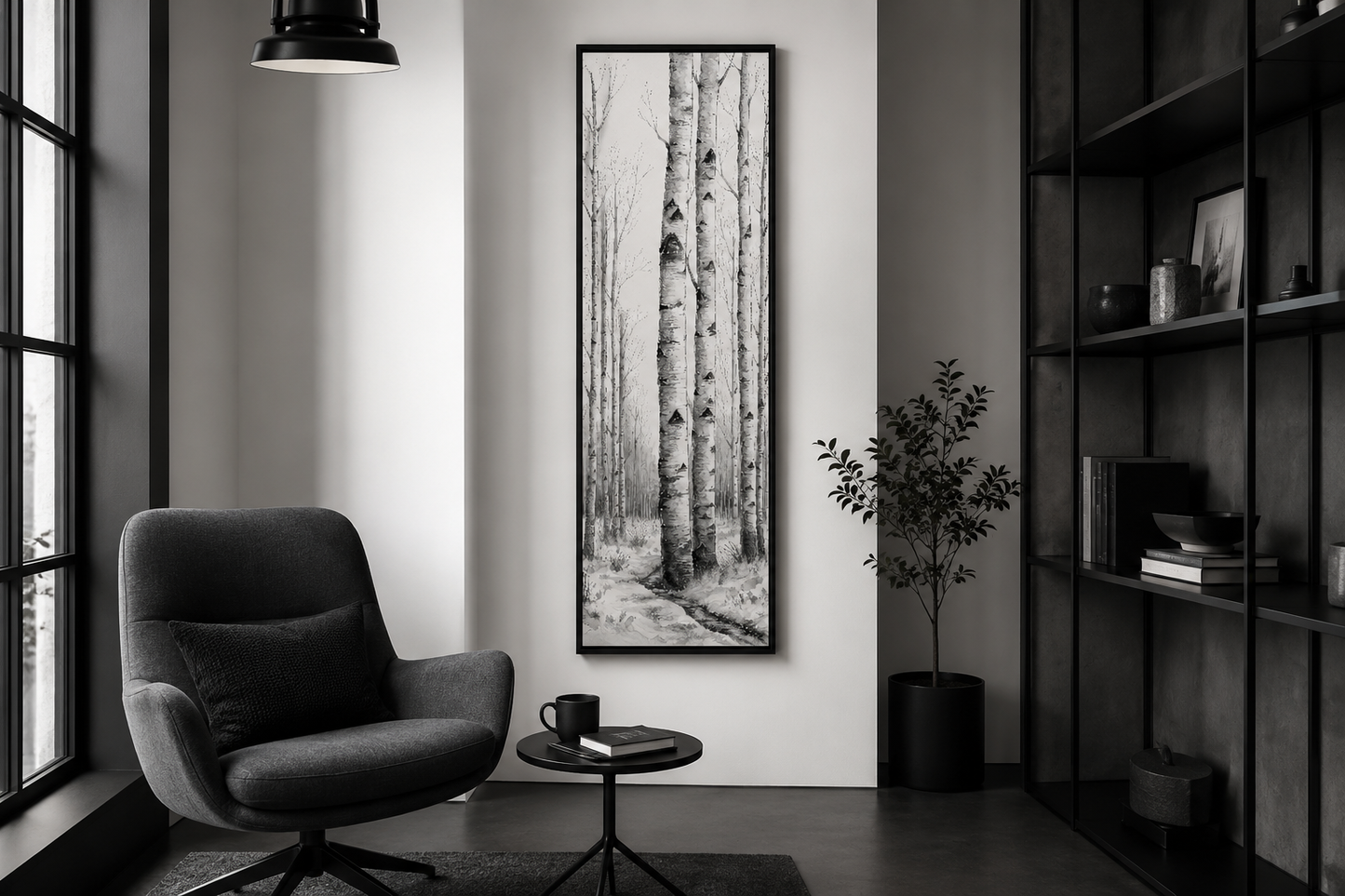 Tall Narrow Birch Trees Black White Vertical Framed Canvas Wall Art