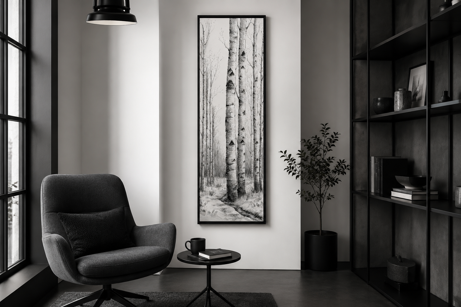 Tall Narrow Birch Trees Black White Vertical Framed Canvas Wall Art
