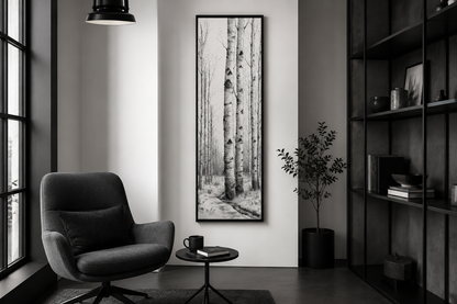 Tall Narrow Birch Trees Black White Vertical Framed Canvas Wall Art