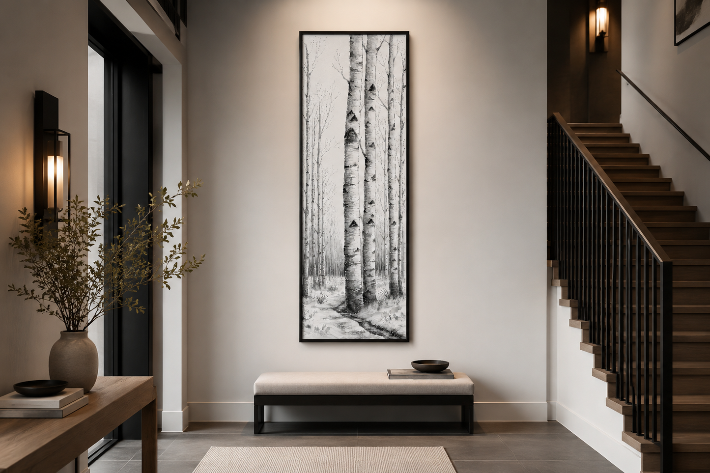 Tall Narrow Birch Trees Black White Vertical Framed Canvas Wall Art