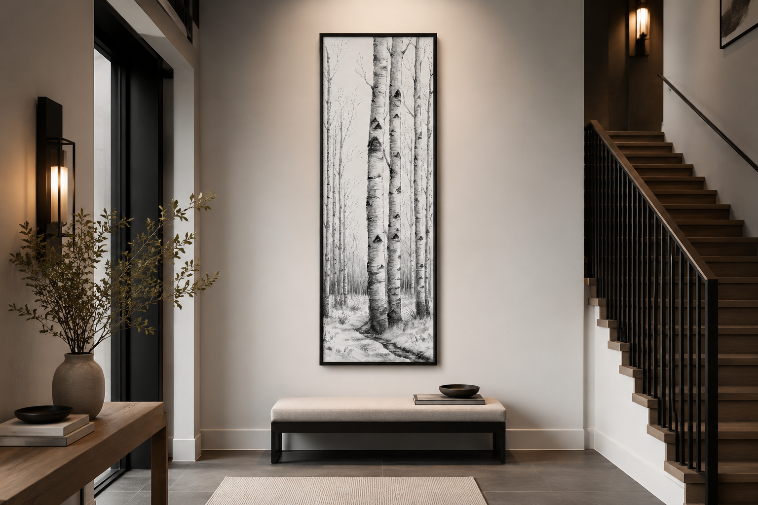 Tall Narrow Birch Trees Black White Vertical Framed Canvas Wall Art