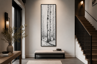 Tall Narrow Birch Trees Black White Vertical Framed Canvas Wall Art