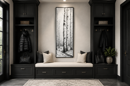 Tall Narrow Birch Trees Black White Vertical Framed Canvas Wall Art