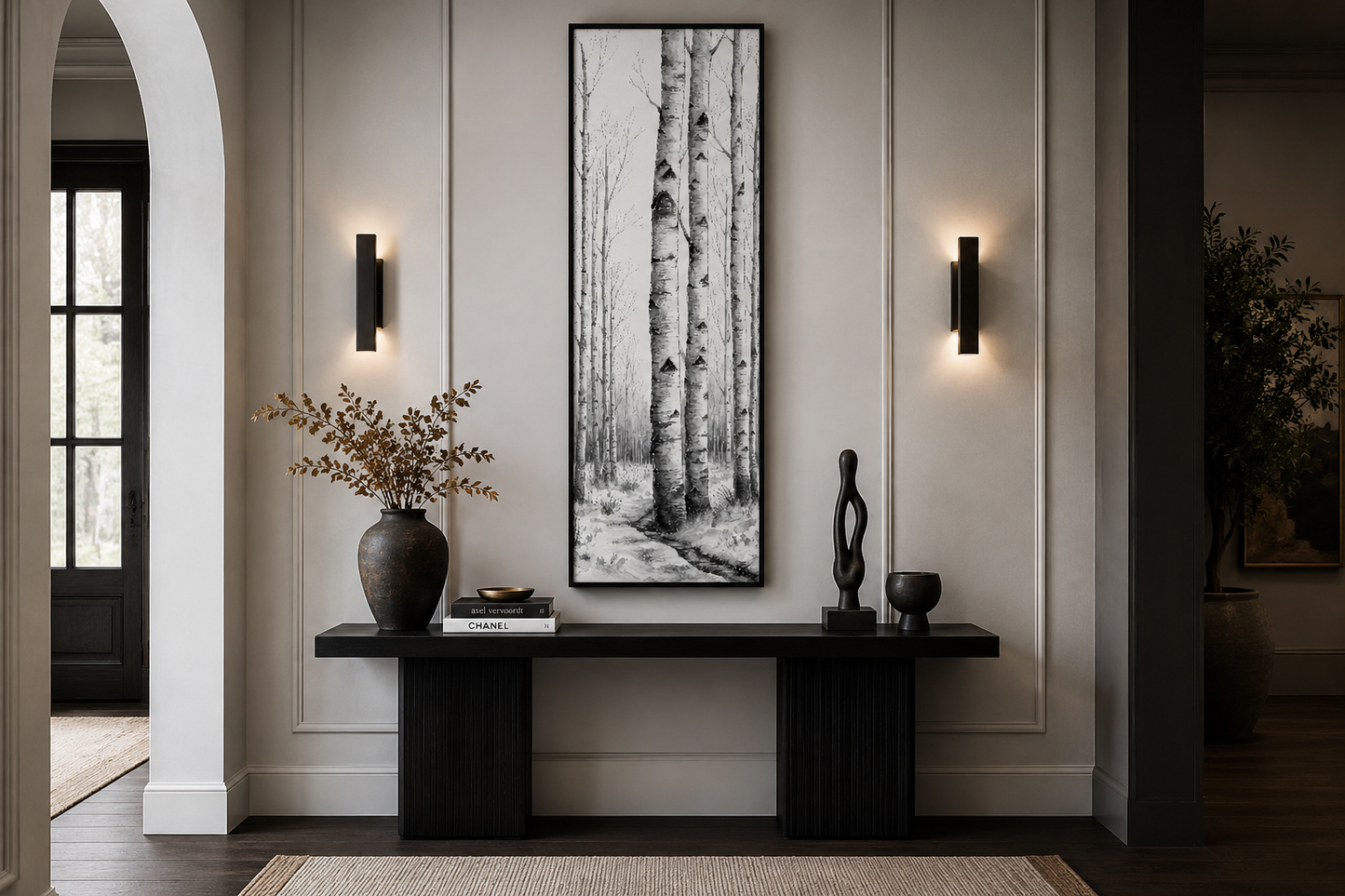 Tall Narrow Birch Trees Black White Vertical Framed Canvas Wall Art