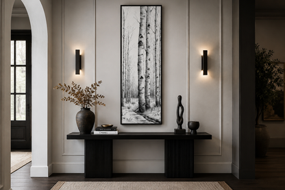 Tall Narrow Birch Trees Black White Vertical Framed Canvas Wall Art
