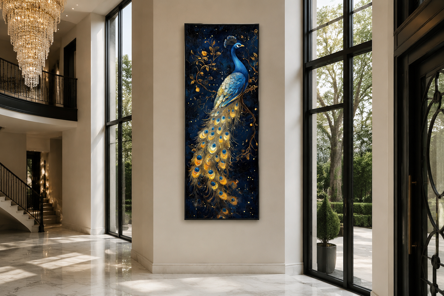 Blue Gold Peacock Tall Narrow Vertical Framed Canvas Wall Art