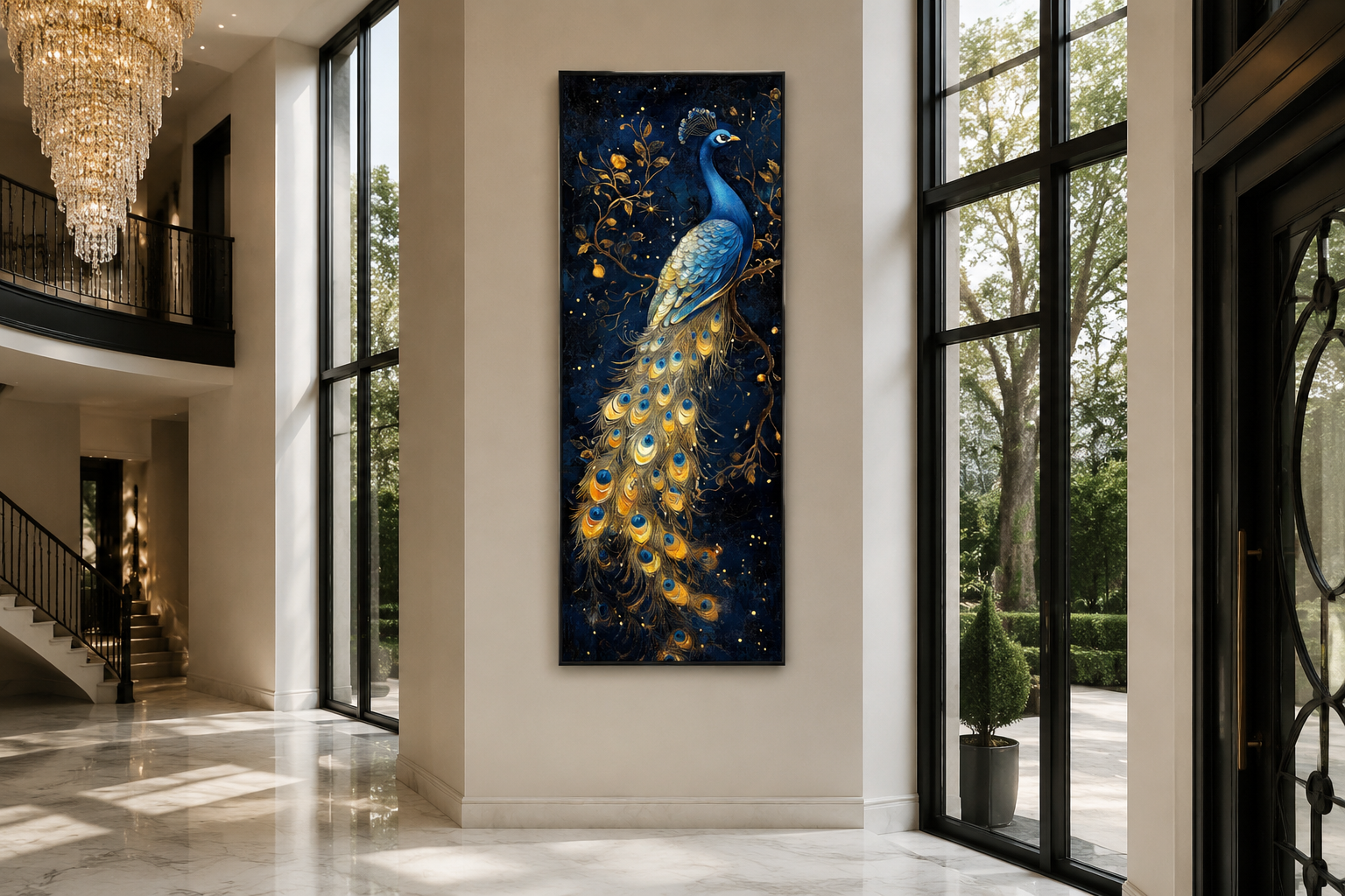 Blue Gold Peacock Tall Narrow Vertical Framed Canvas Wall Art