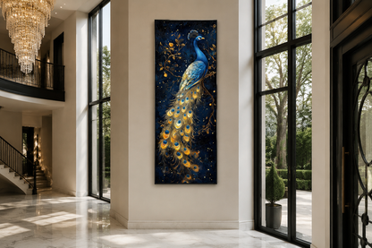 Blue Gold Peacock Tall Narrow Vertical Framed Canvas Wall Art