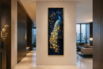 Blue Gold Peacock Tall Narrow Vertical Framed Canvas Wall Art