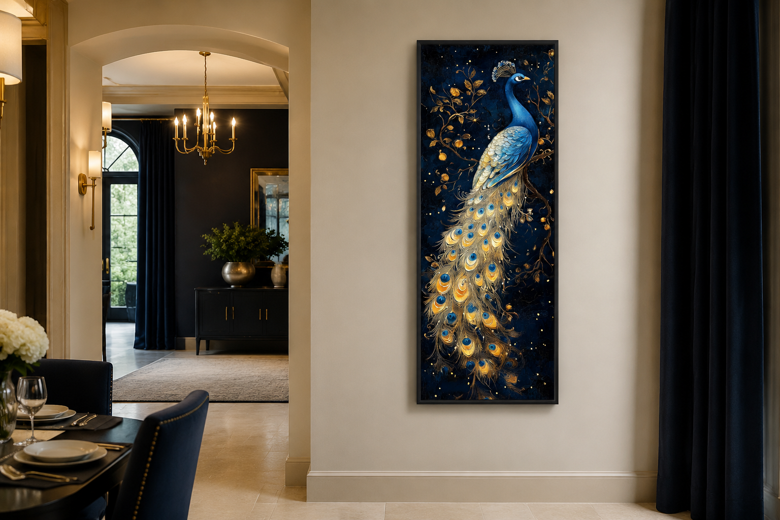 Blue Gold Peacock Tall Narrow Vertical Framed Canvas Wall Art