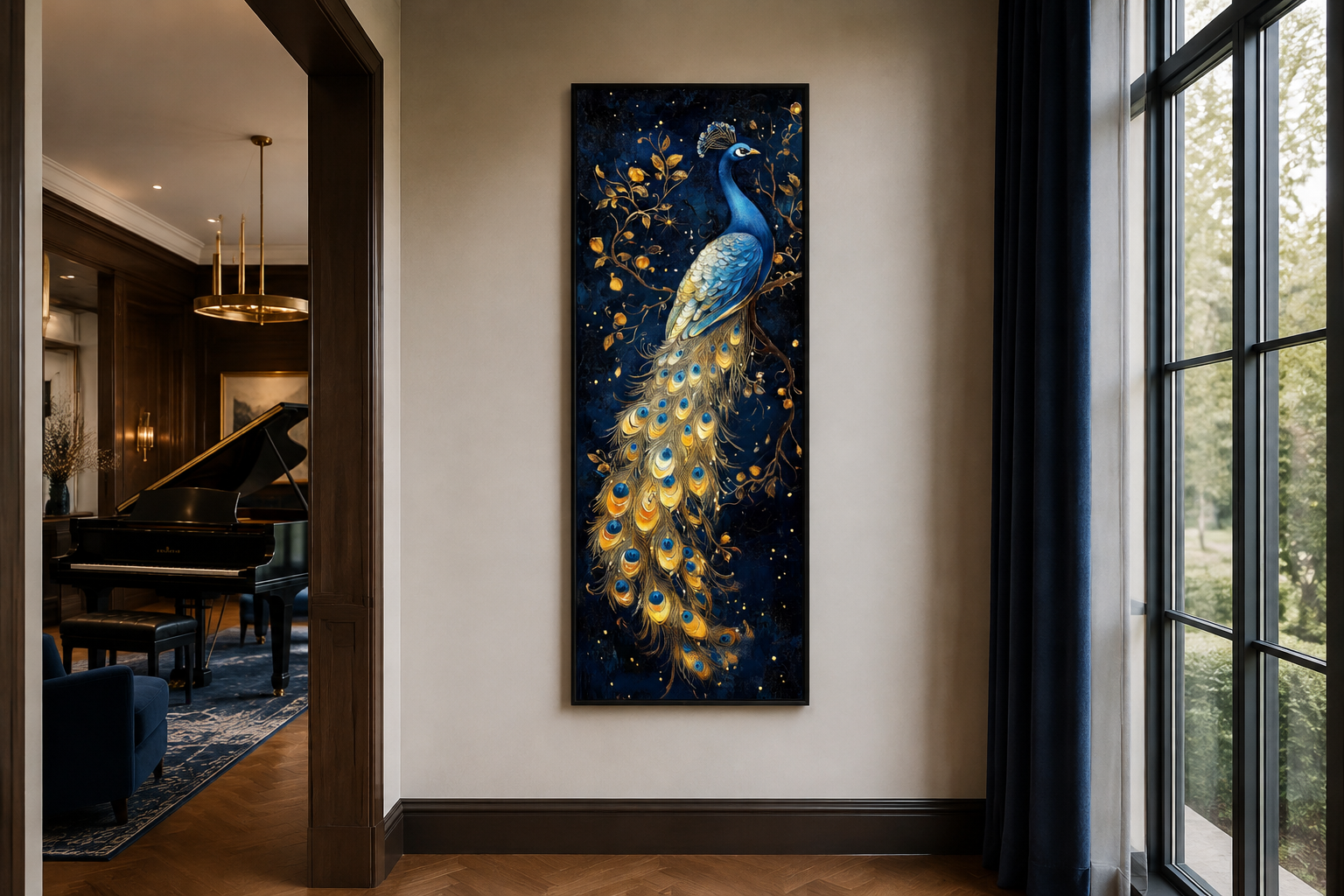 Blue Gold Peacock Tall Narrow Vertical Framed Canvas Wall Art