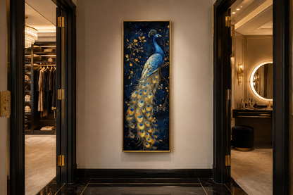 Blue Gold Peacock Tall Narrow Vertical Framed Canvas Wall Art