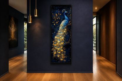 Blue Gold Peacock Tall Narrow Vertical Framed Canvas Wall Art