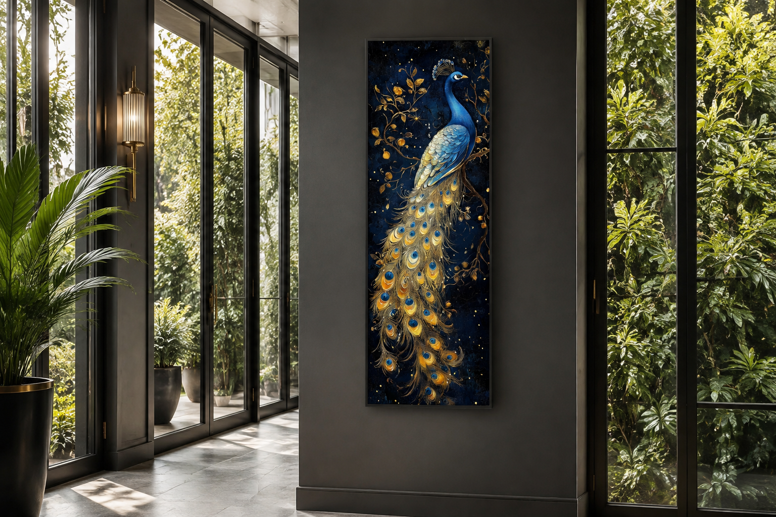 Blue Gold Peacock Tall Narrow Vertical Framed Canvas Wall Art