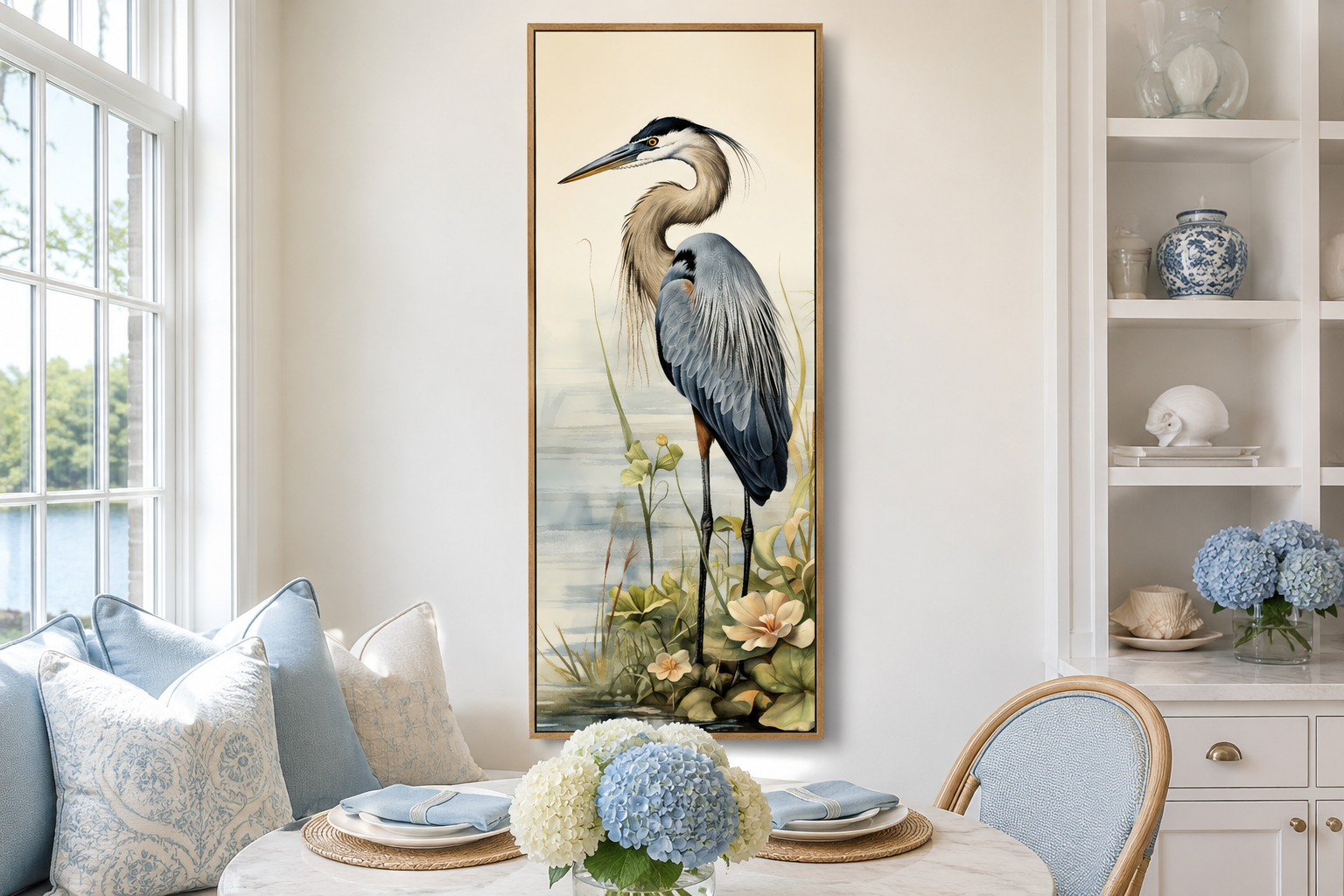 Blue Heron Tall Narrow Vertical Framed Canvas Wall Art