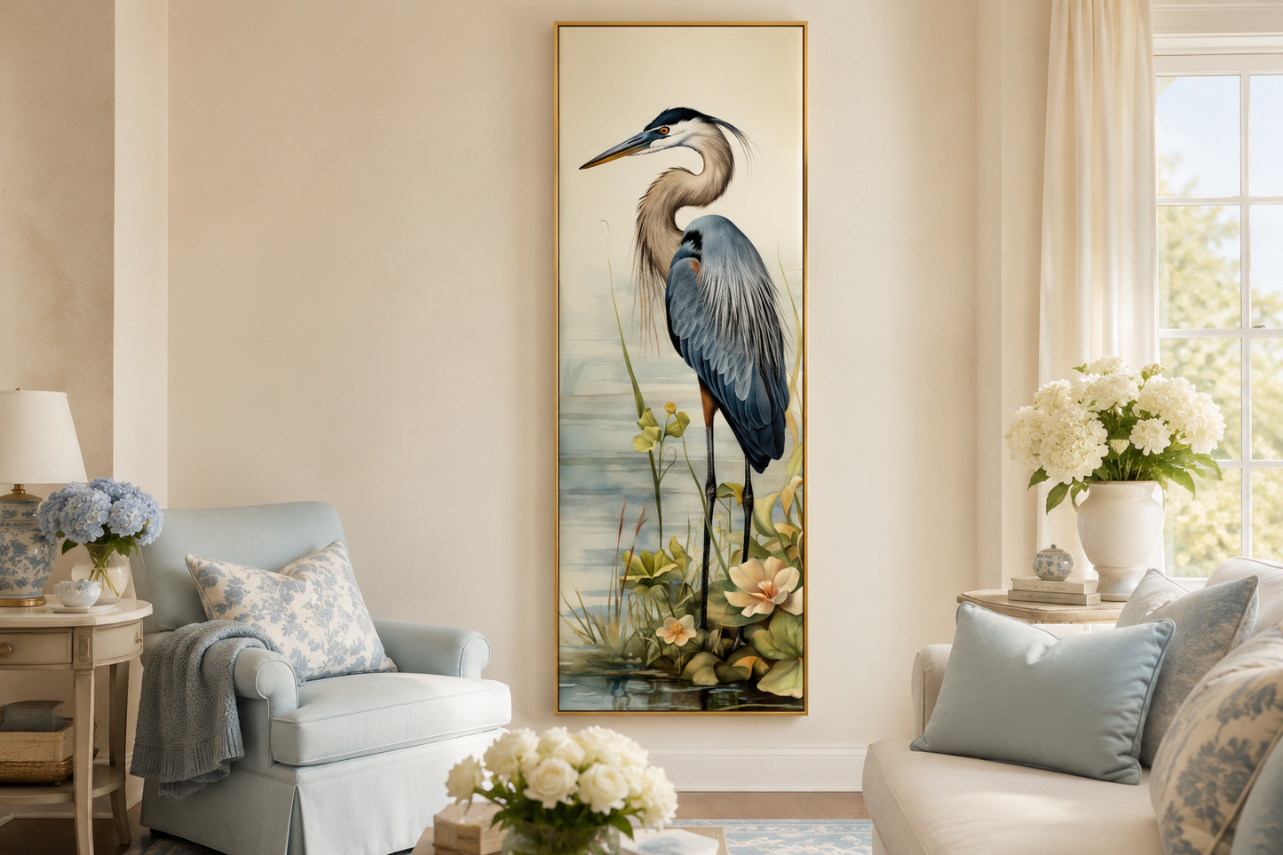 Blue Heron Tall Narrow Vertical Framed Canvas Wall Art