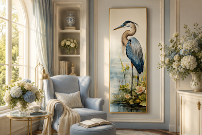 Blue Heron Tall Narrow Vertical Framed Canvas Wall Art