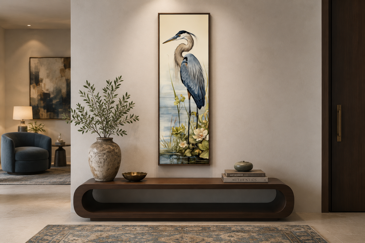Blue Heron Tall Narrow Vertical Framed Canvas Wall Art