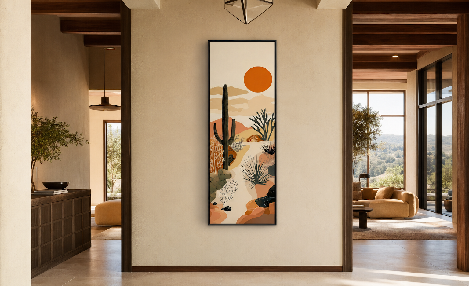 Tall Narrow Desert Cactus Framed Canvas Wall Art