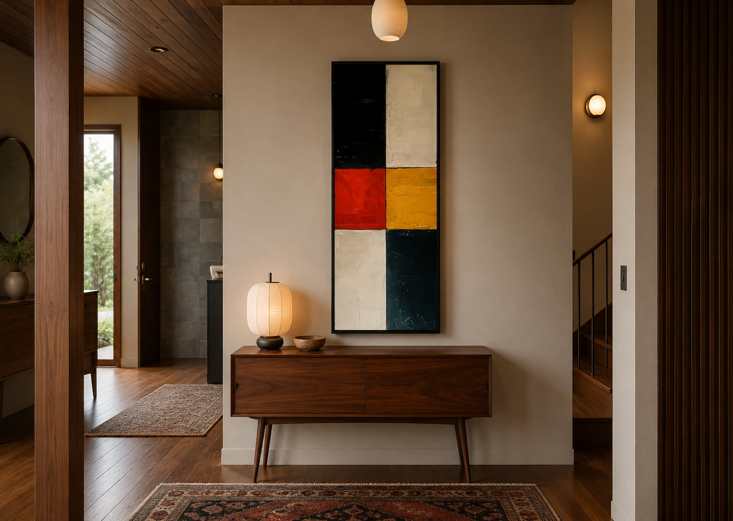 Tall Narrow Geometric Black White Red Vertical Wall Art