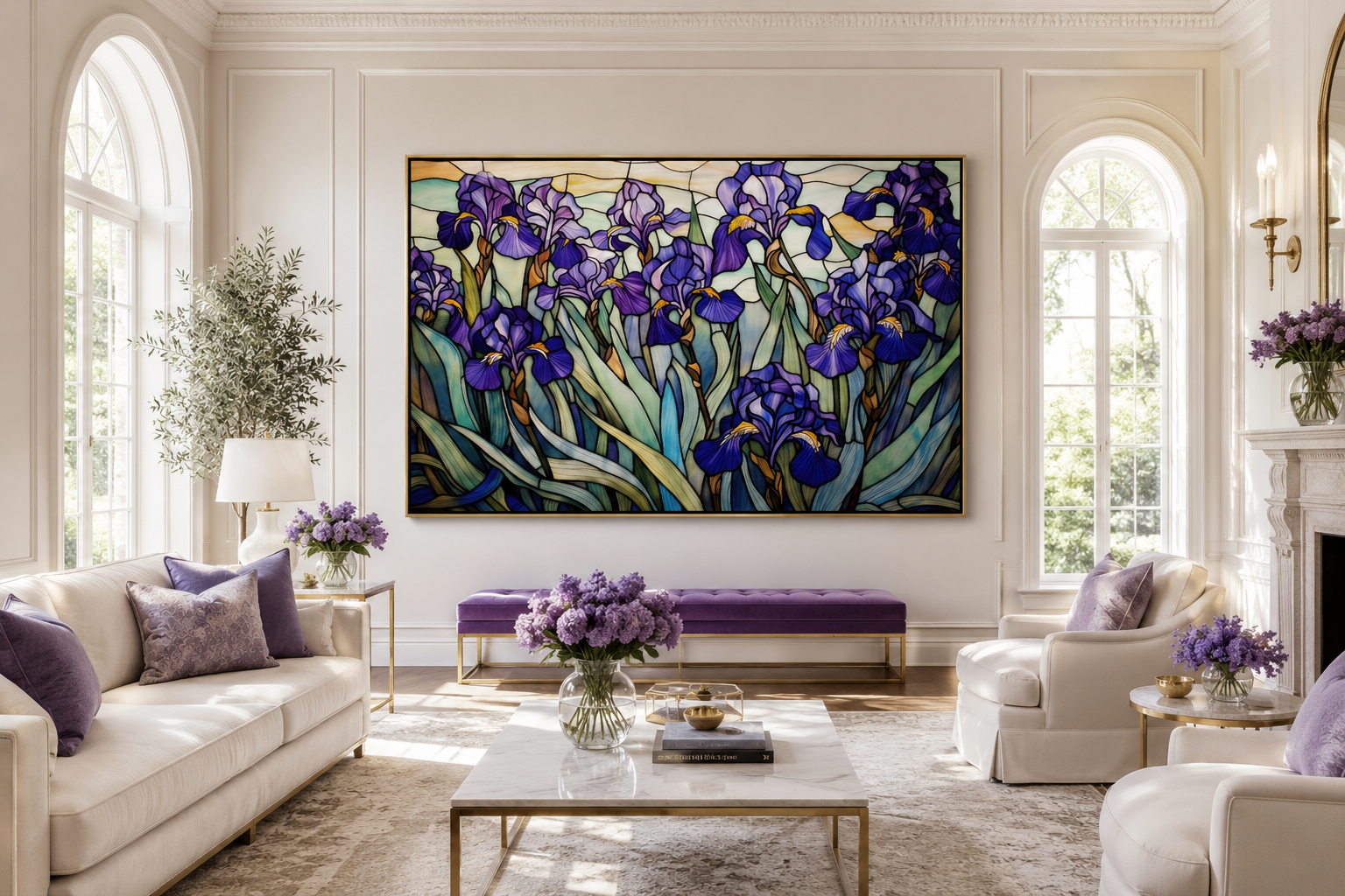 Purple Irises Field Stained Glass Style Art Deco Wall Art