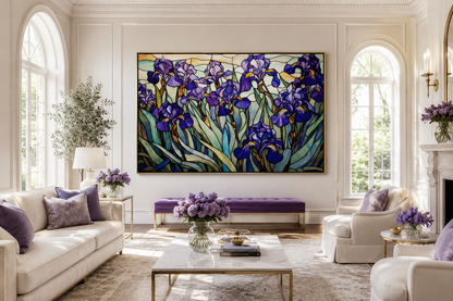 Purple Irises Field Stained Glass Style Art Deco Wall Art