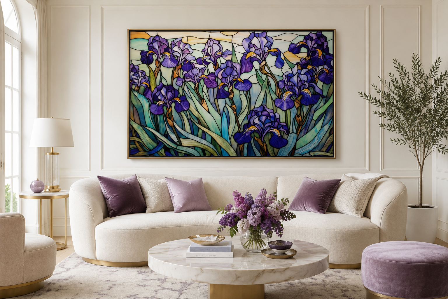 Purple Irises Field Stained Glass Style Art Deco Wall Art
