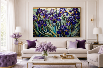 Purple Irises Field Stained Glass Style Art Deco Wall Art