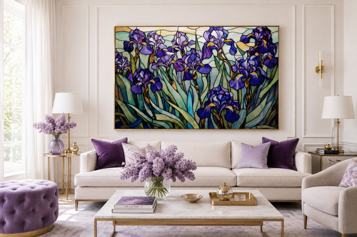 Purple Irises Field Stained Glass Style Art Deco Wall Art