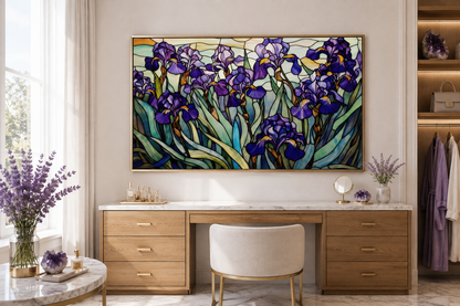 Purple Irises Field Stained Glass Style Art Deco Wall Art