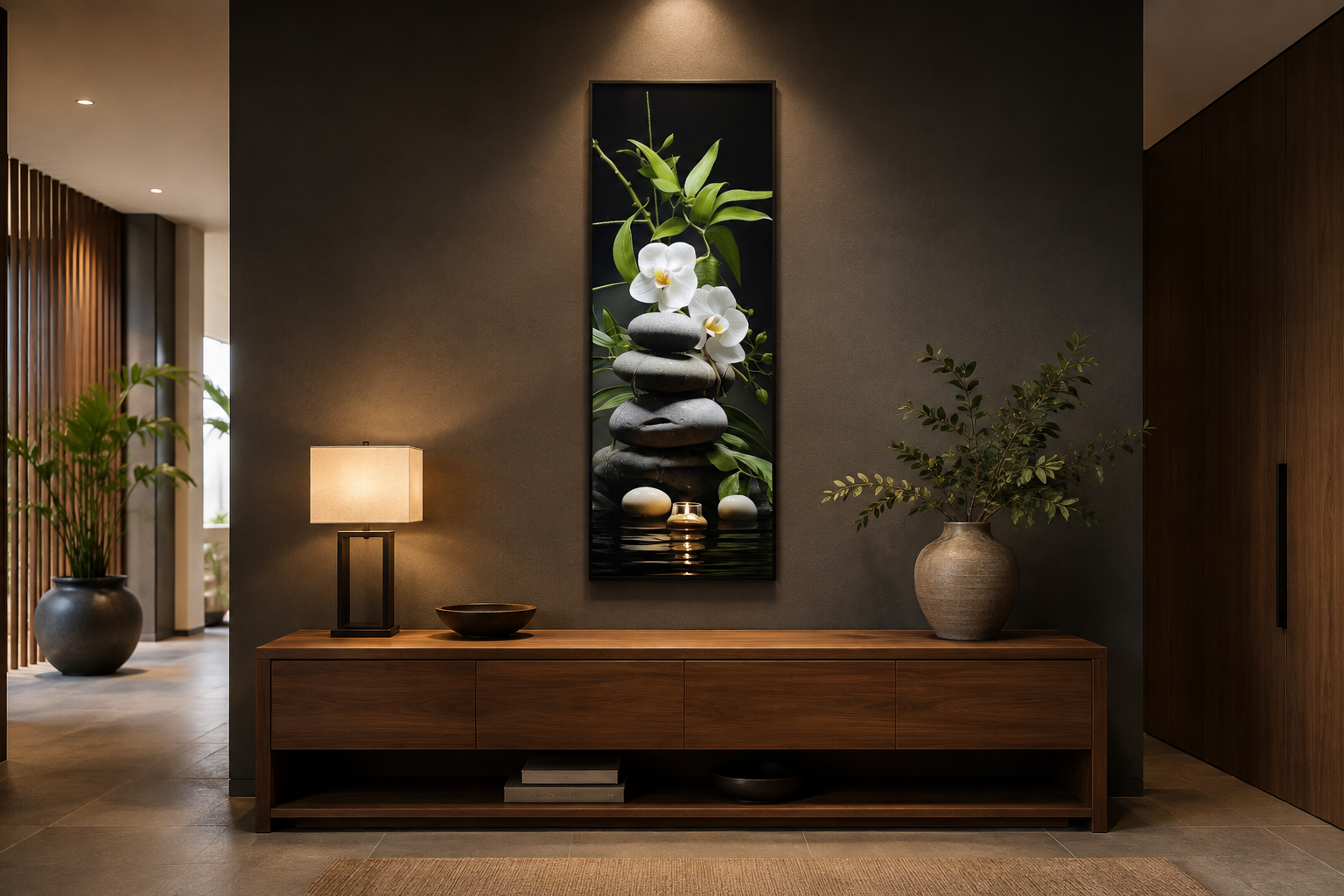 Tall Narrow Vertical Zen Stacked Rocks, Candle and Bamboo Framed Canvas Wall Art