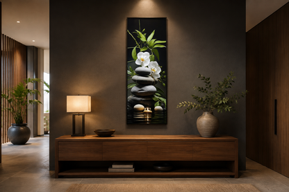 Tall Narrow Vertical Zen Stacked Rocks, Candle and Bamboo Framed Canvas Wall Art