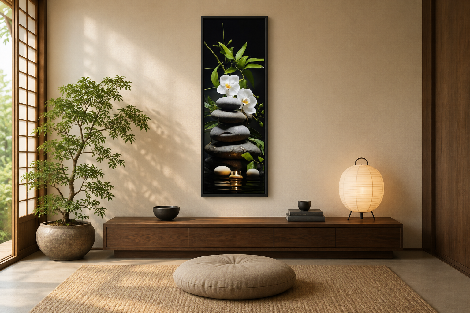 Tall Narrow Vertical Zen Stacked Rocks, Candle and Bamboo Framed Canvas Wall Art