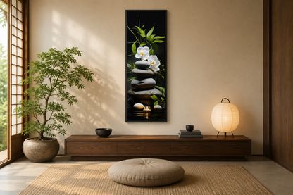 Tall Narrow Vertical Zen Stacked Rocks, Candle and Bamboo Framed Canvas Wall Art