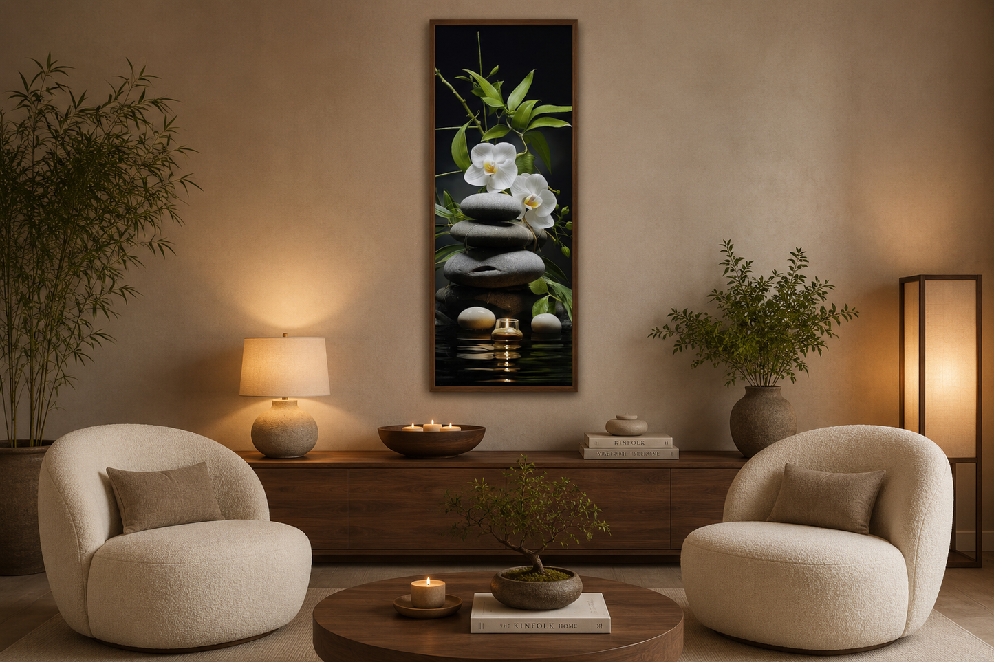 Tall Narrow Vertical Zen Stacked Rocks, Candle and Bamboo Framed Canvas Wall Art