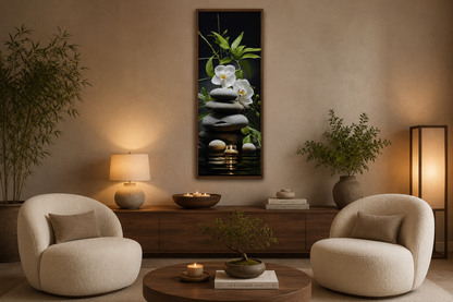 Tall Narrow Vertical Zen Stacked Rocks, Candle and Bamboo Framed Canvas Wall Art