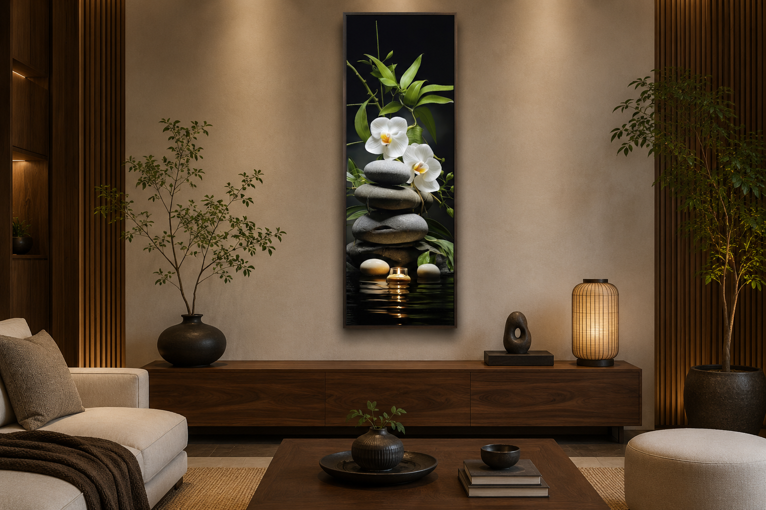 Tall Narrow Vertical Zen Stacked Rocks, Candle and Bamboo Framed Canvas Wall Art
