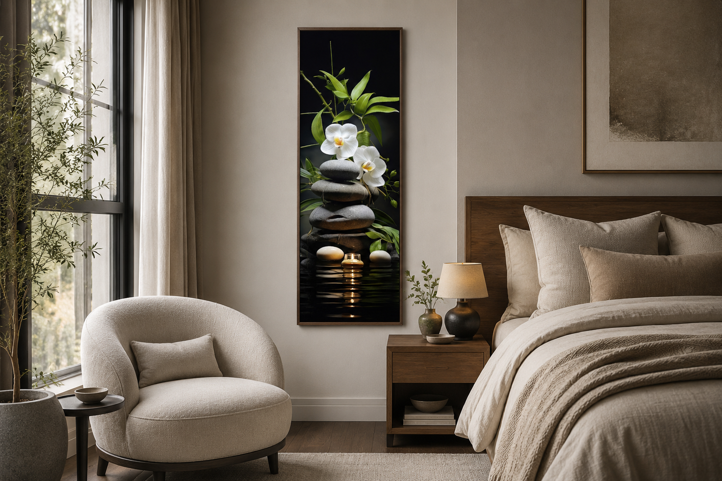 Tall Narrow Vertical Zen Stacked Rocks, Candle and Bamboo Framed Canvas Wall Art