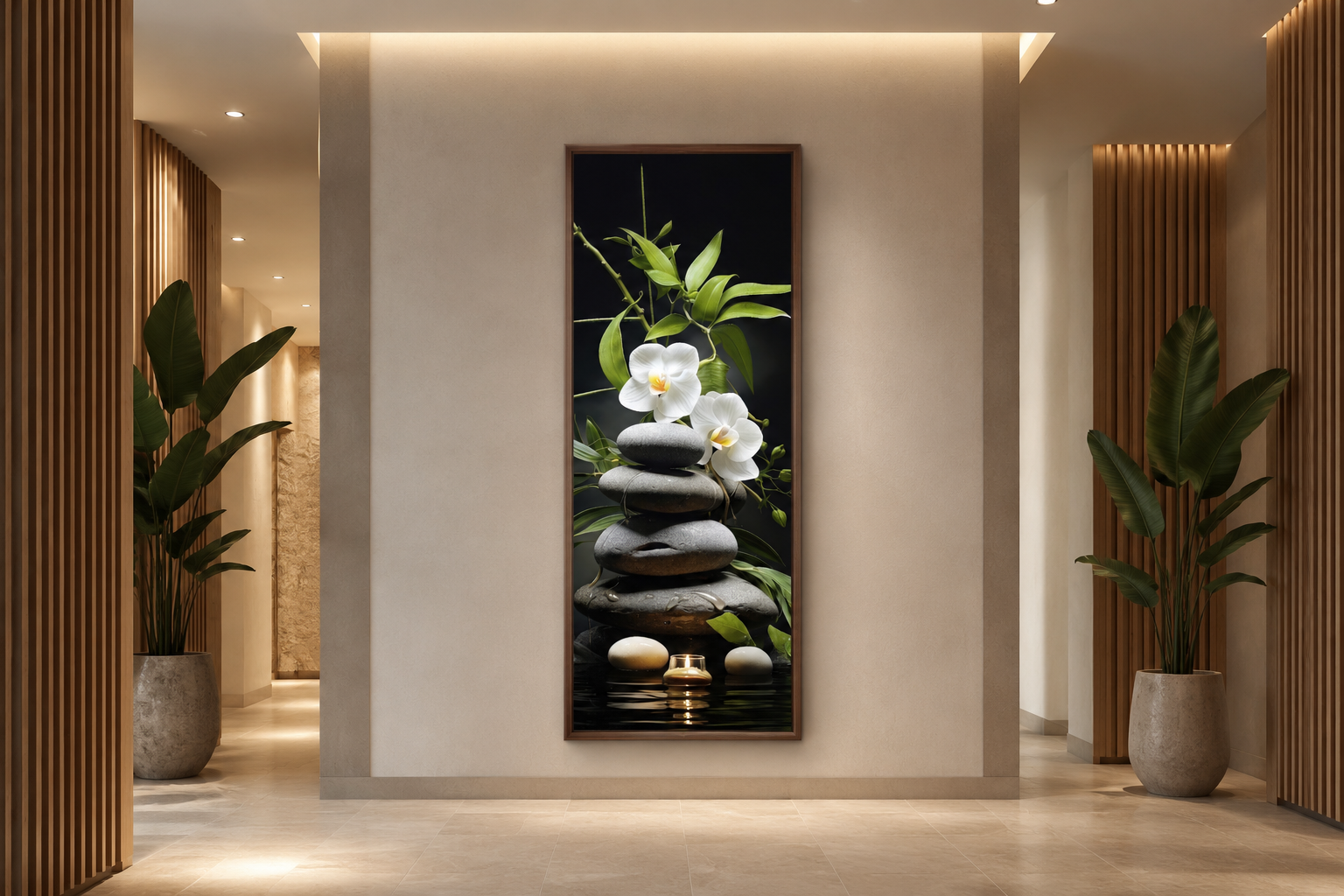 Tall Narrow Vertical Zen Stacked Rocks, Candle and Bamboo Framed Canvas Wall Art
