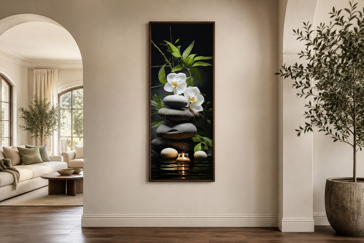 Tall Narrow Vertical Zen Stacked Rocks, Candle and Bamboo Framed Canvas Wall Art