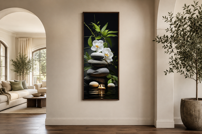 Tall Narrow Vertical Zen Stacked Rocks, Candle and Bamboo Framed Canvas Wall Art