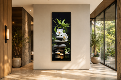 Tall Narrow Vertical Zen Stacked Rocks, Candle and Bamboo Framed Canvas Wall Art