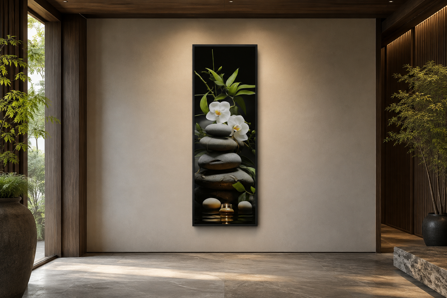 Tall Narrow Vertical Zen Stacked Rocks, Candle and Bamboo Framed Canvas Wall Art