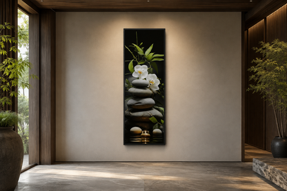 Tall Narrow Vertical Zen Stacked Rocks, Candle and Bamboo Framed Canvas Wall Art