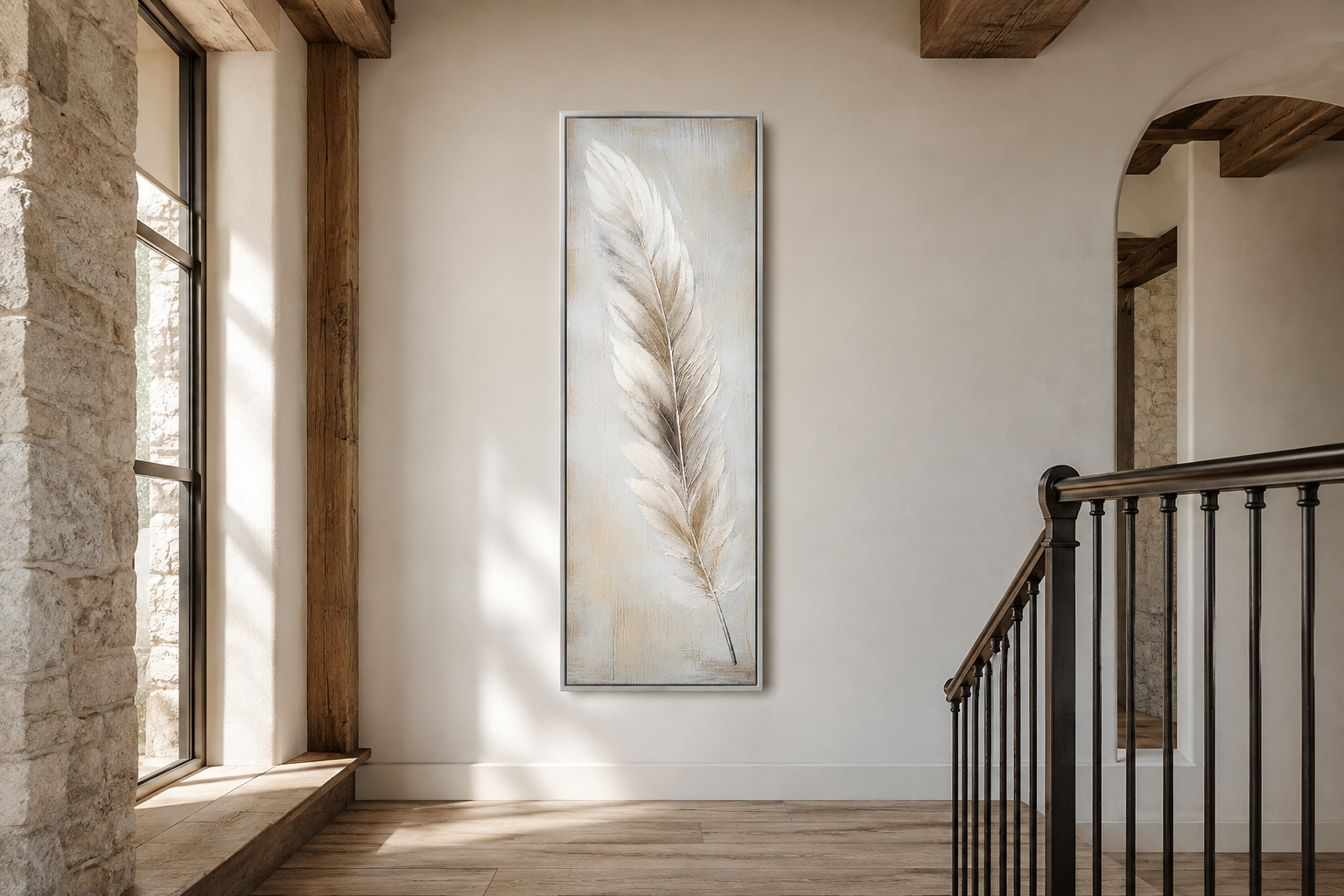 Feather Stained on Rustic Wood Farmhouse Tall Vertical Framed Canvas Wall Art