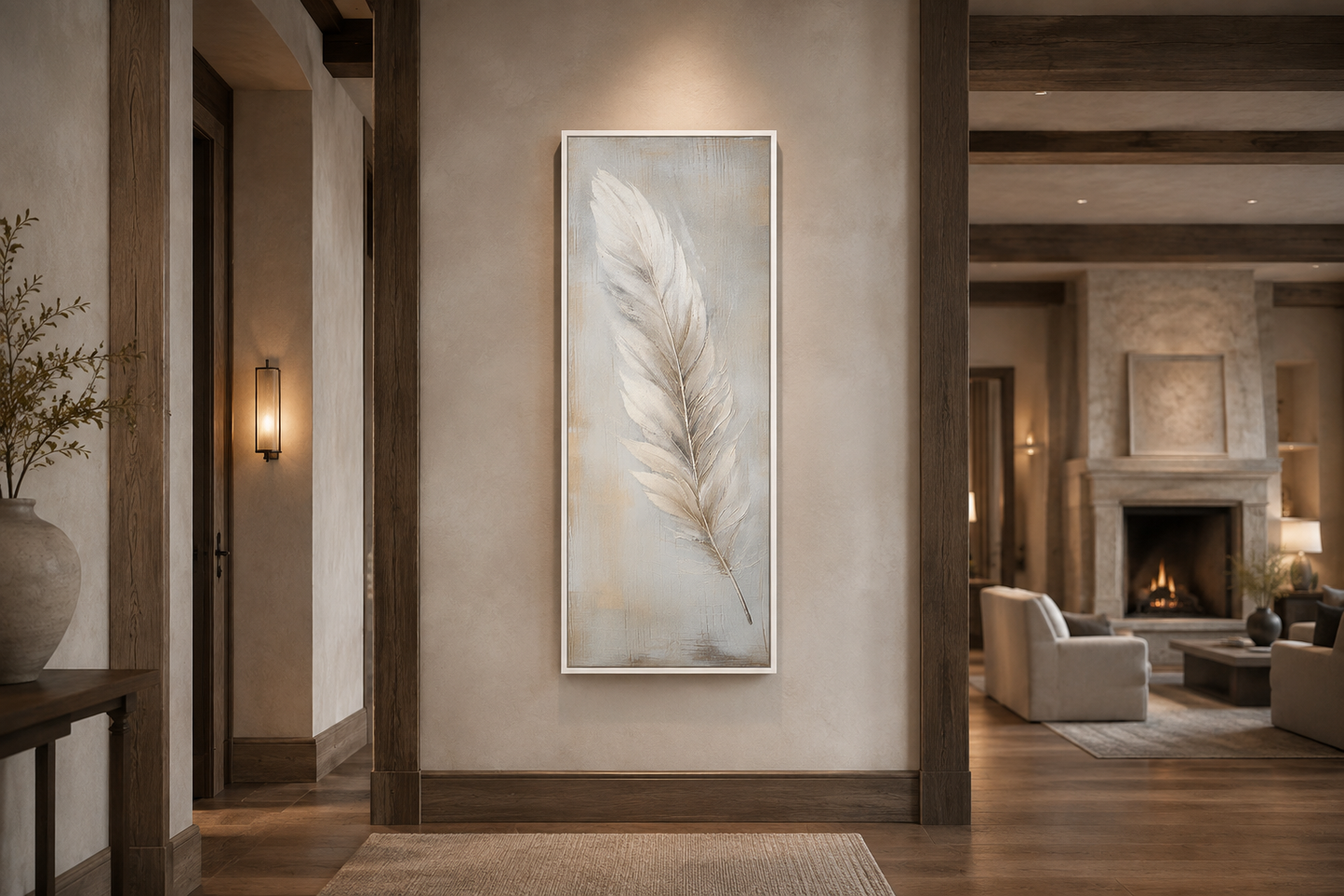 Feather Stained on Rustic Wood Farmhouse Tall Vertical Framed Canvas Wall Art