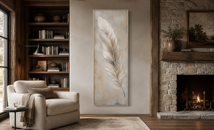 Feather Stained on Rustic Wood Farmhouse Tall Vertical Framed Canvas Wall Art