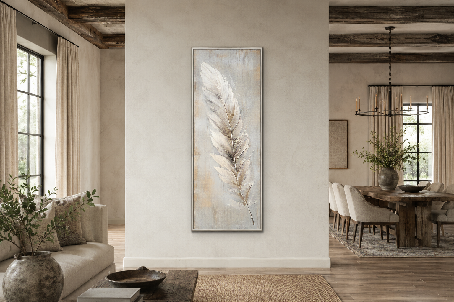 Feather Stained on Rustic Wood Farmhouse Tall Vertical Framed Canvas Wall Art